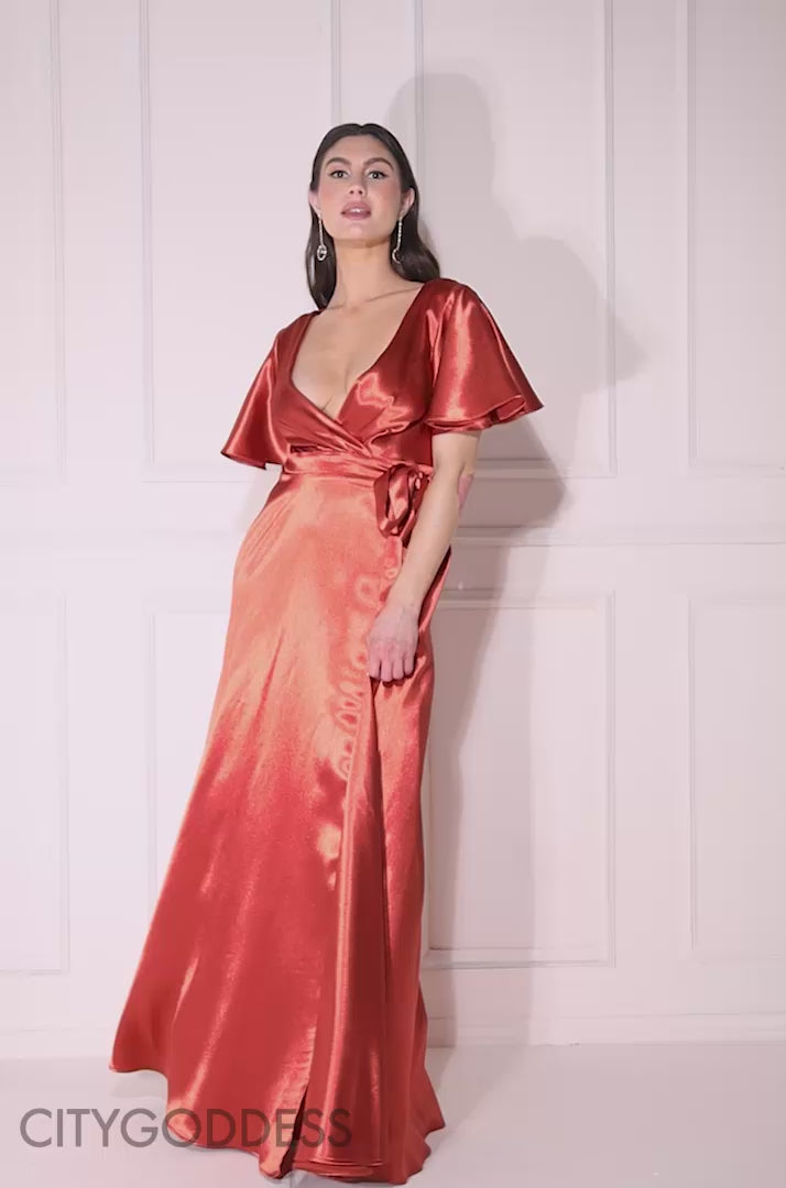 Flutter Sleeve Wrapover Satin Maxi Dress DR3955