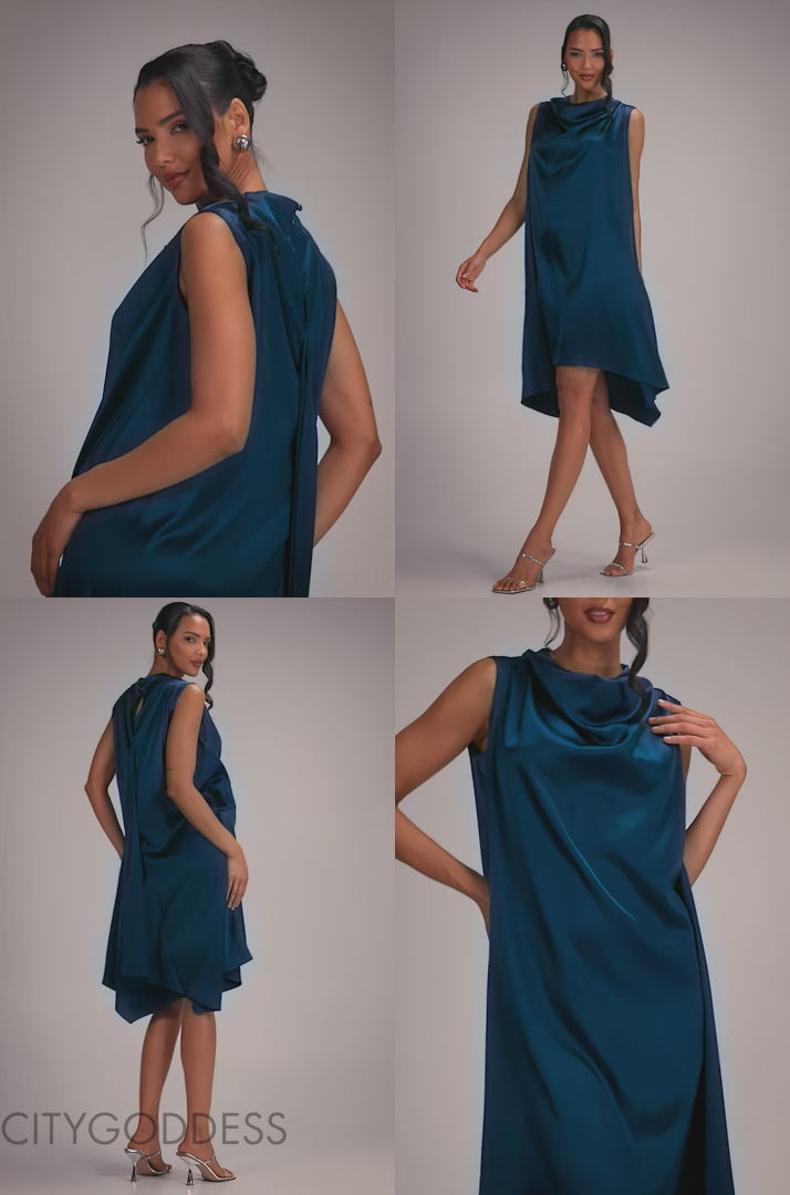 Cowl Neck Back Wing Satin High Low Midi Dress DR4608