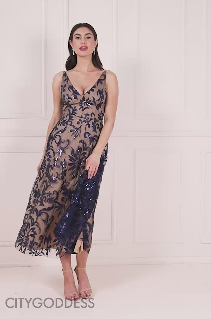 Sequin Mesh V Neck Flared Skirt Midi Dress DR3860