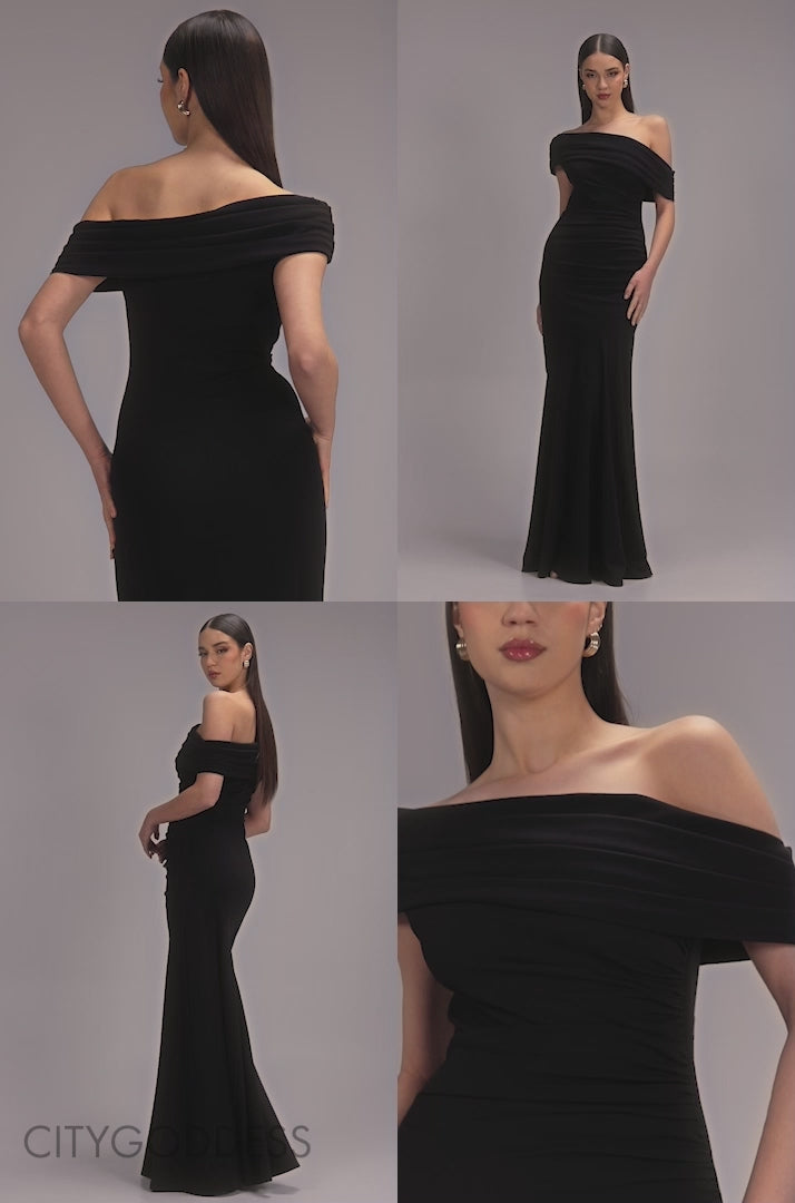 One Shoulder Pleated Bardot Fit And Flare Maxi Dress DR4909
