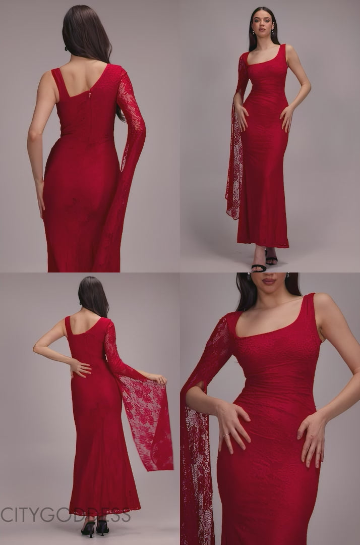 ONE SHOULDER CAPE SLEEVE PLEATED LACE MAXI DRESS BY GODDIVA DR5065
