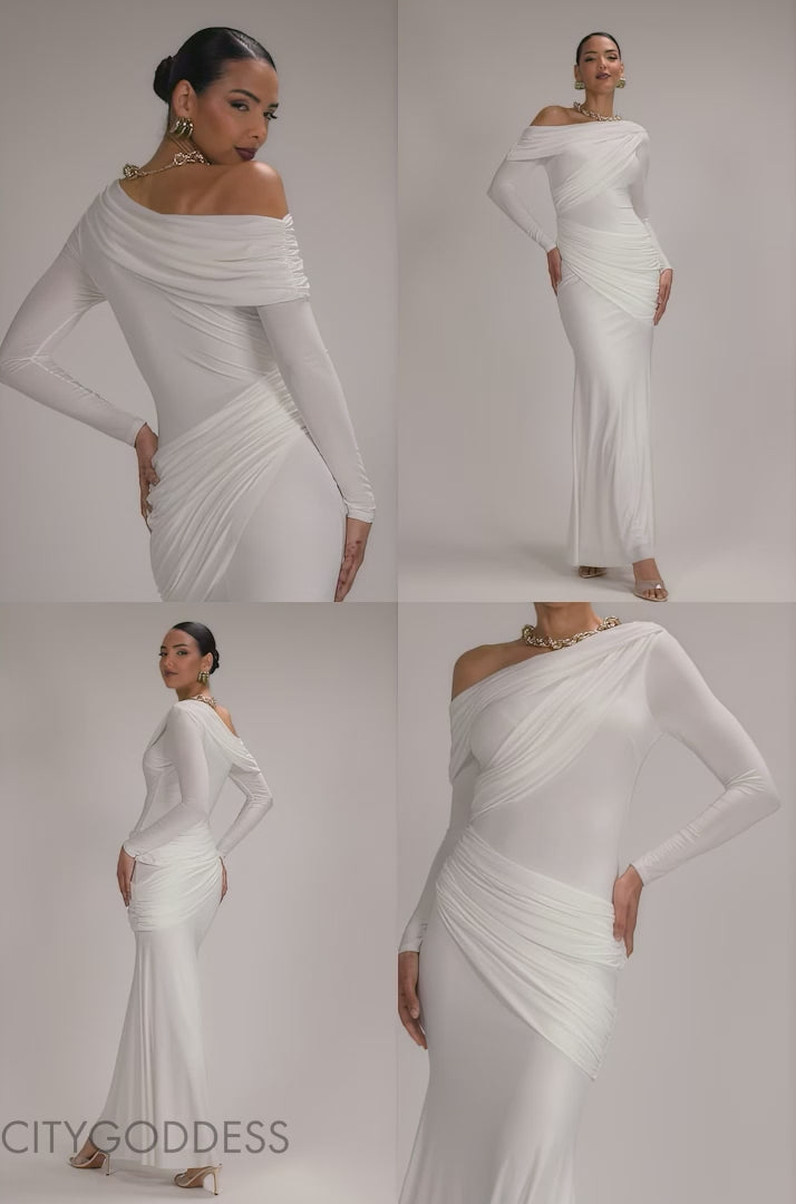 OFF SHOULDER GATHERED PANEL SOFT TOUCH MAXI DRESS BY GODDIVA DR5087