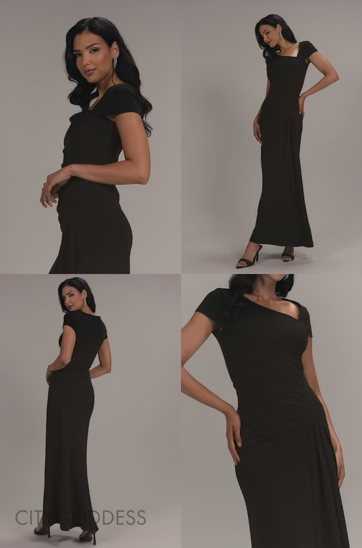 CAP SLEEVE PLEATED ASYMMETRIC MAXI DRESS DR5115