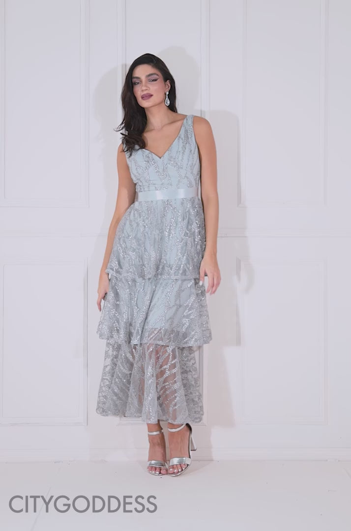 Mother Of The Bride Embroidered Mesh Tiered Midi Dress DR3812MOB