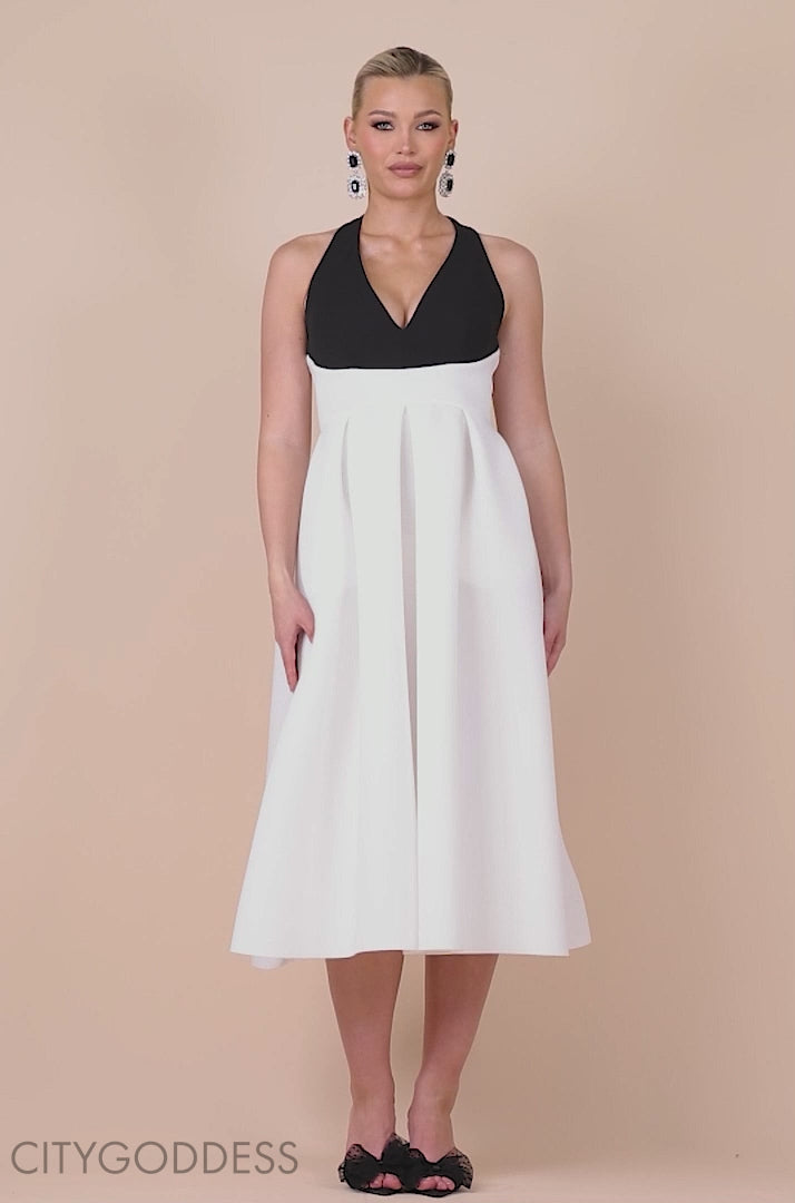 Contrast  Halter Neck Pleated A-Line Midaxi Dress DR4630