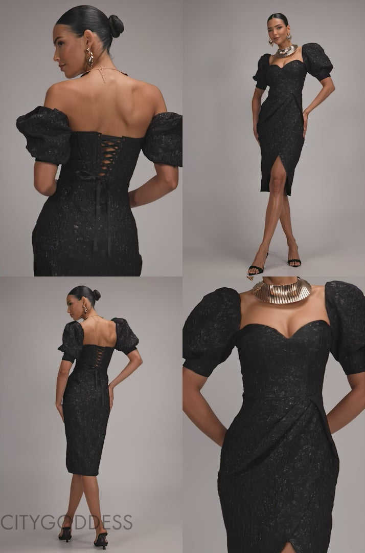 PUFF SLEEVE SWEETHEART MIDI DRESS BY GODDIVA DR4883