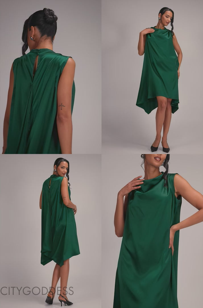 Cowl Neck Back Wing Satin High Low Midi Dress DR4608
