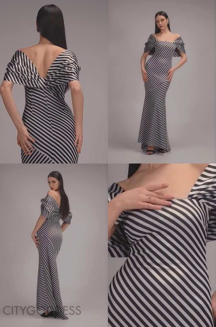 Stripe Off Shoulder Bow Back Satin Bow Maxi Dress DR5080