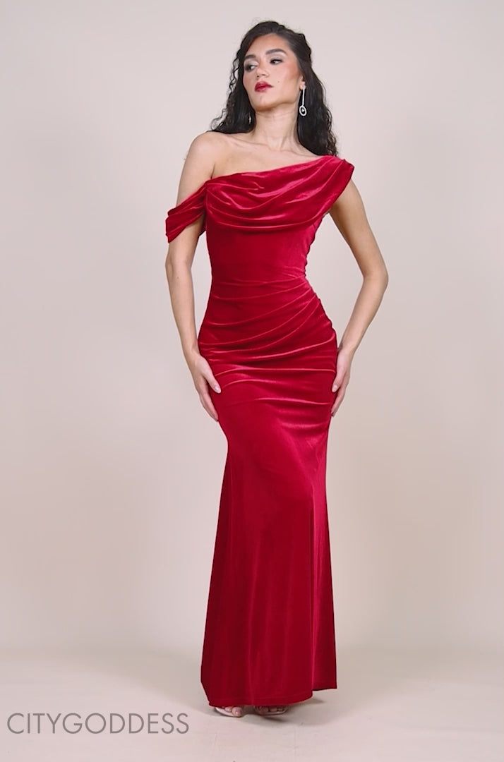 Cowl One Shoulder Velvet Maxi Dress DR4504