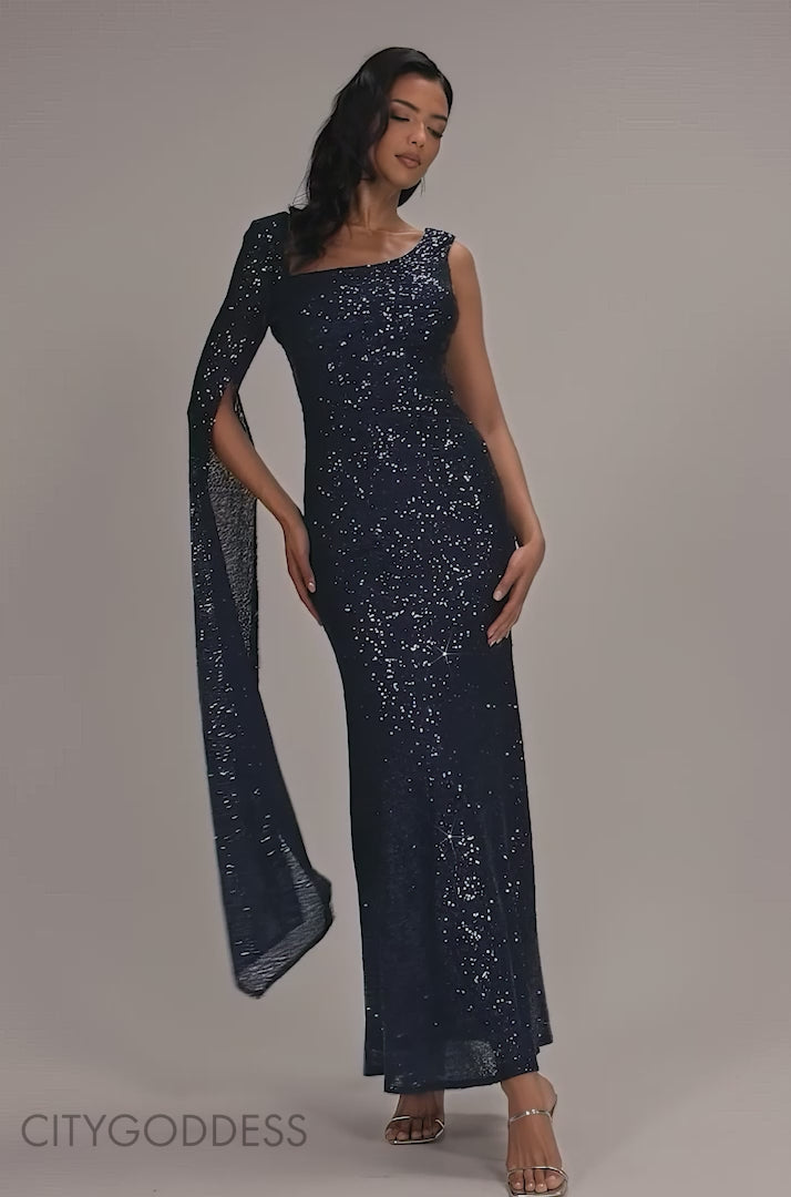 ONE SIDE CAPE SLEEVE SEQUIN MAXI DRESS DR5068