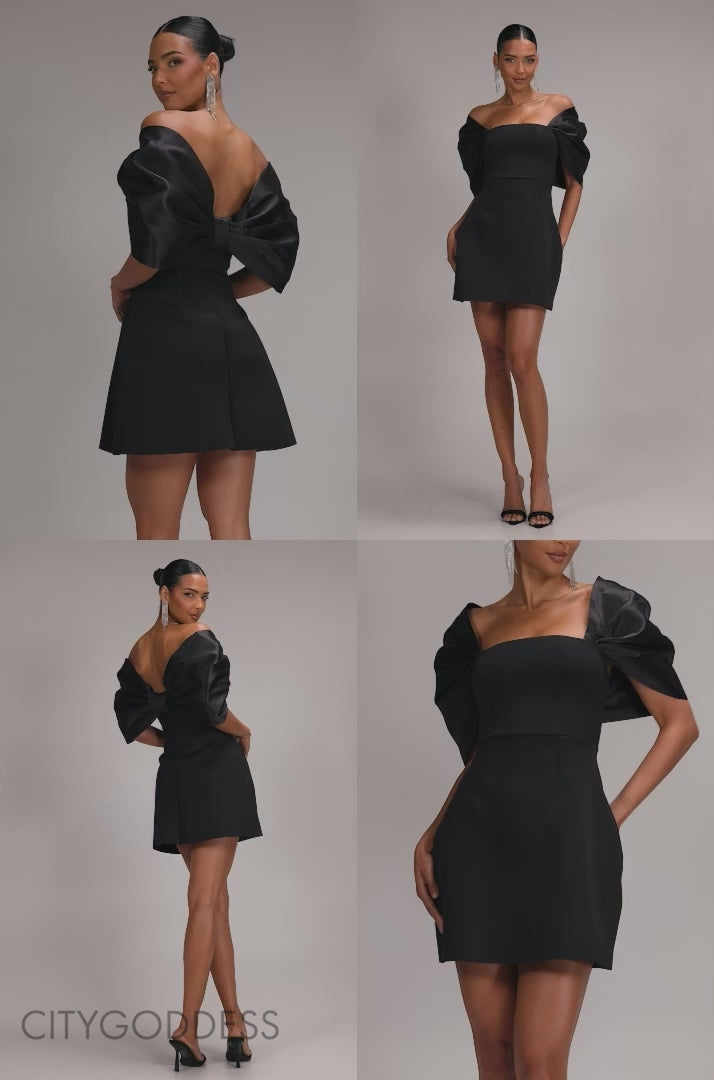 Off Shoulder Back Satin Bow Scuba Mini Dress DR4713