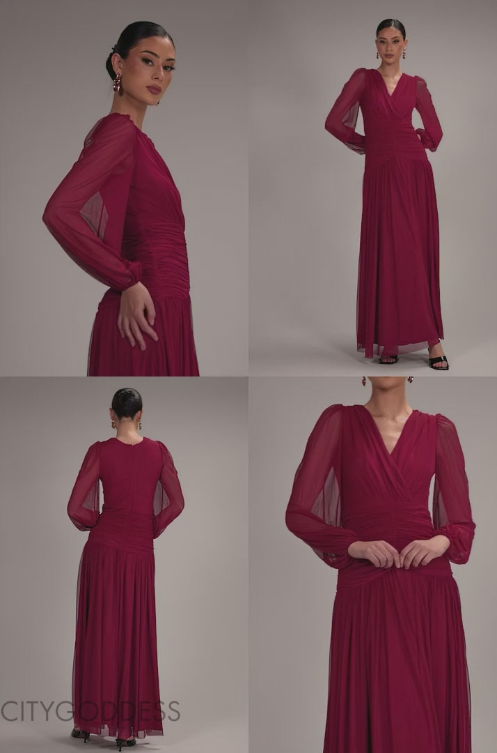 Gathered Long Balloon Sleeve A-Line Mesh Maxi Dress DR5003