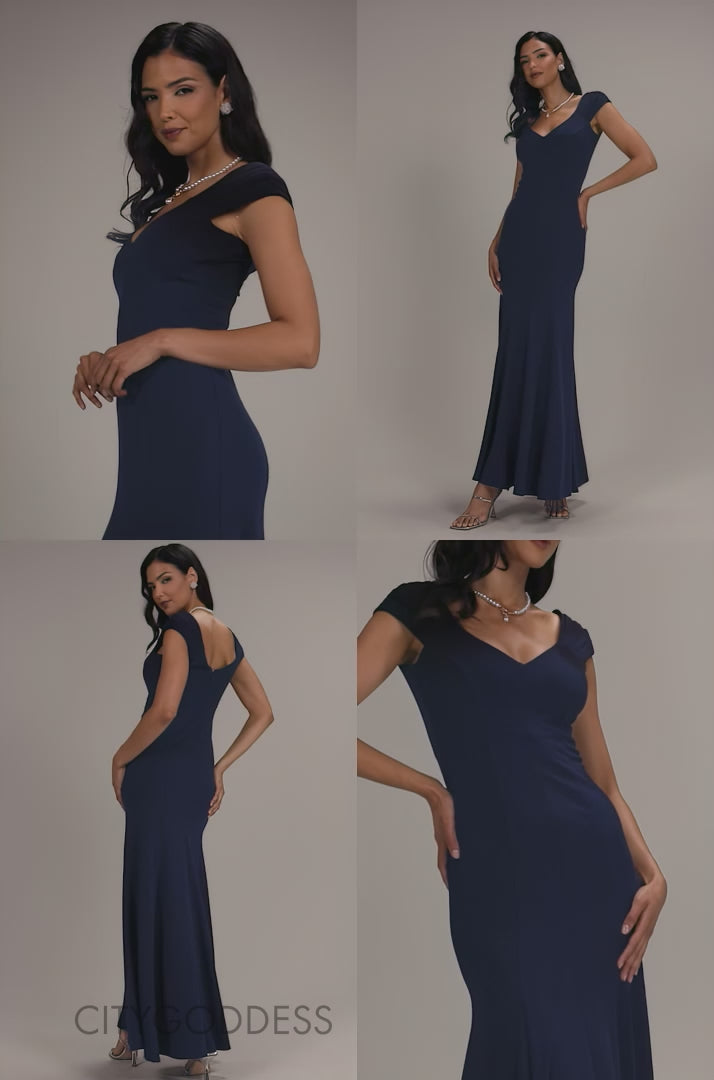 CAPPED SLEEVE V NECK PLEATED FIT & FLARE MAXI DRESS DR5117