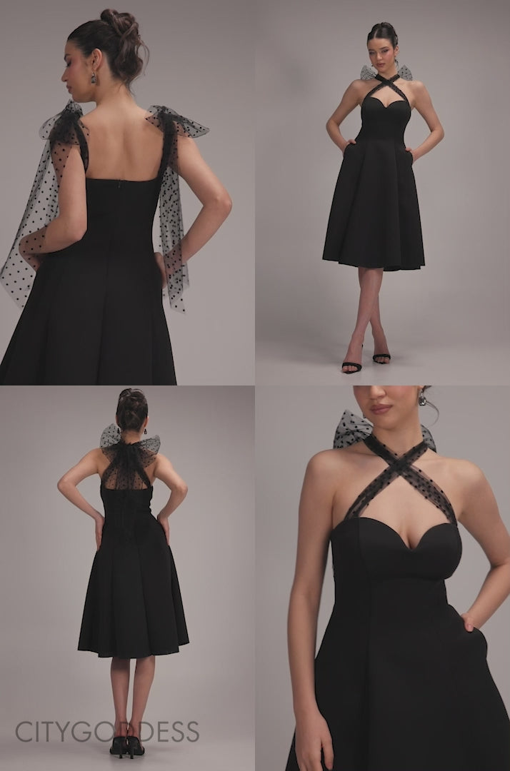 SCUBA & POLKA MESH BELLA BOW MULTIWAY A-LINE MIDI DRESS DR4877