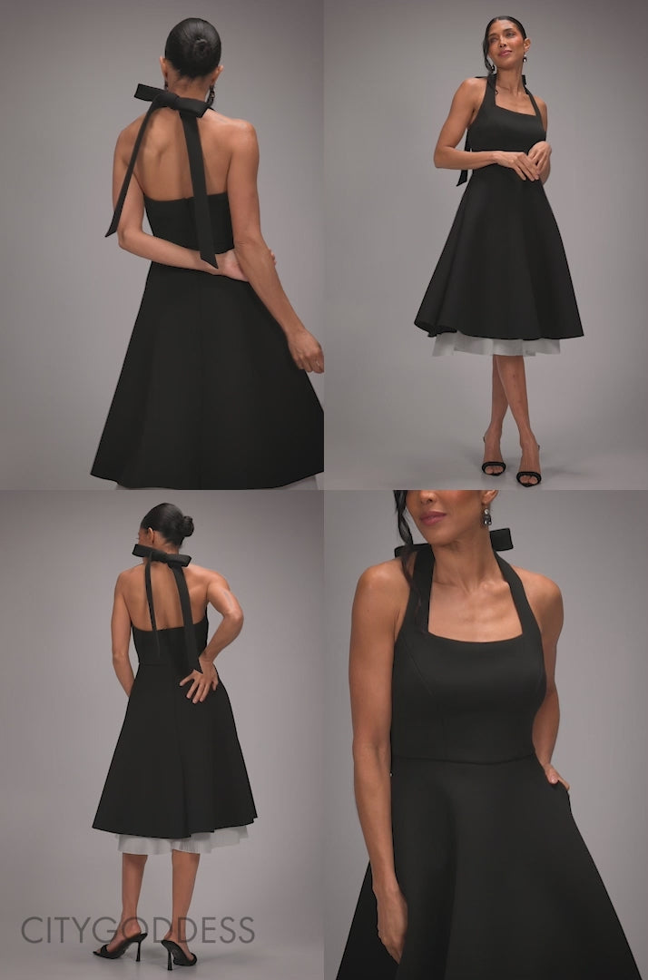 Contrast Organza Frill Bow Back Halter Midi Dress DR4770