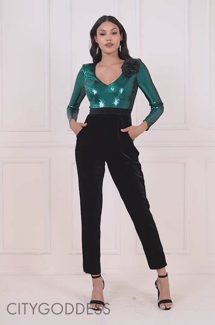 Liquid Sequin Jumpsuit With Corsage TR380