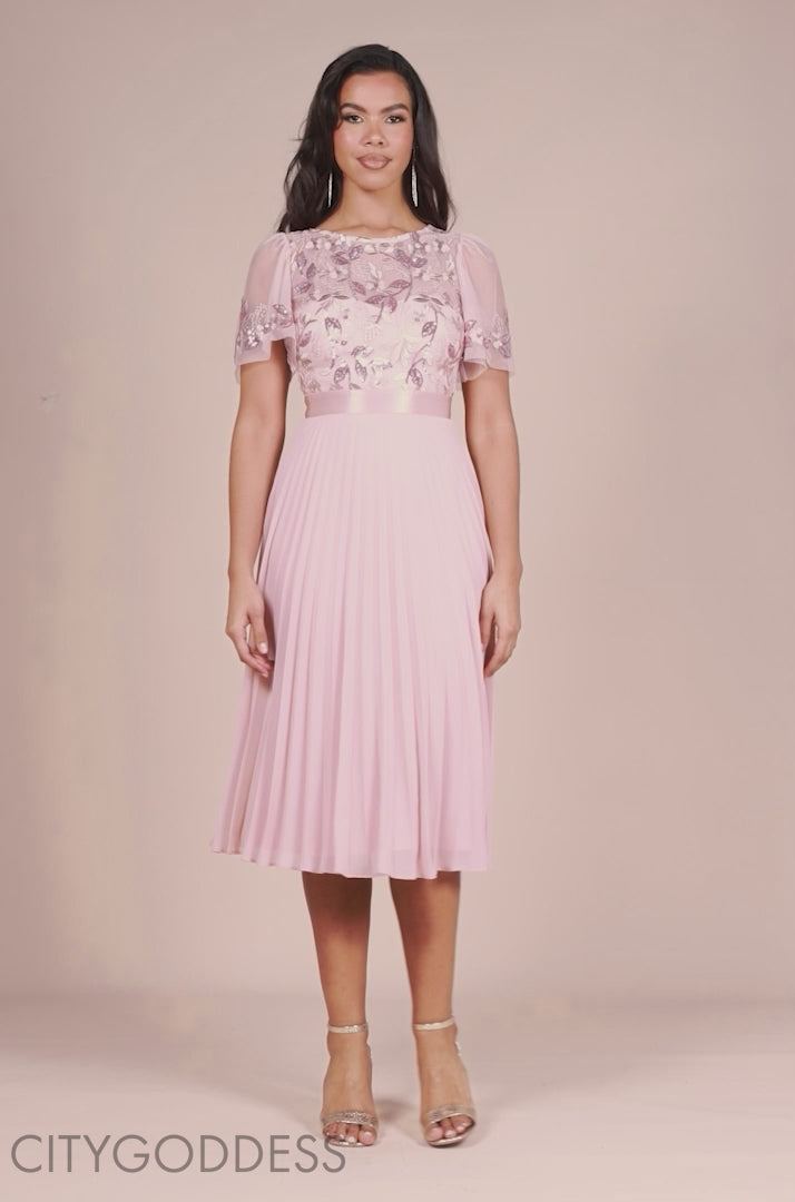 Embroidered Top Chiffon Pleated Midi DR3802