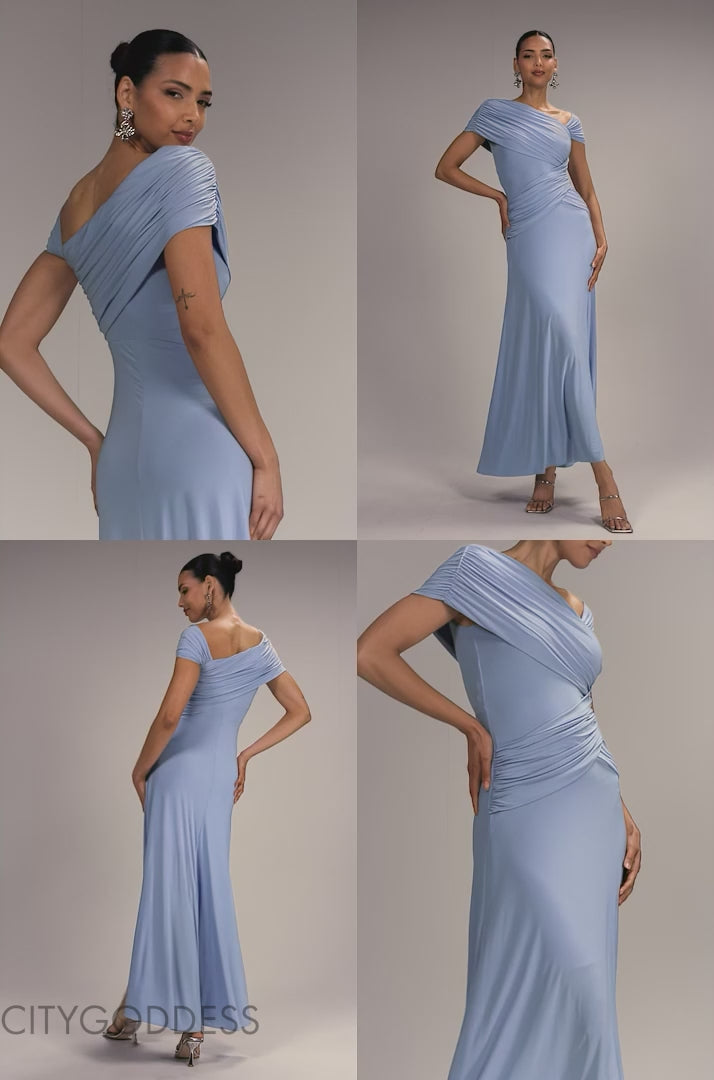 ASYMMETRIC NECK GATHERED WAIST MAXI DRESS BY GODDIVA DR5096