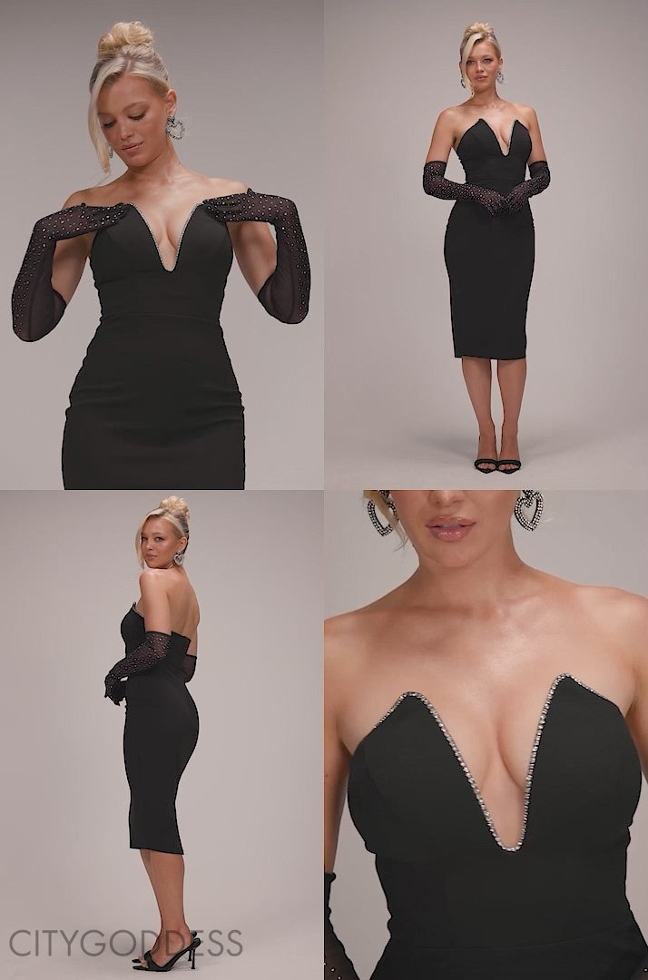 Strapless Super Plunge Diamante Neck Midi Dress DR4760