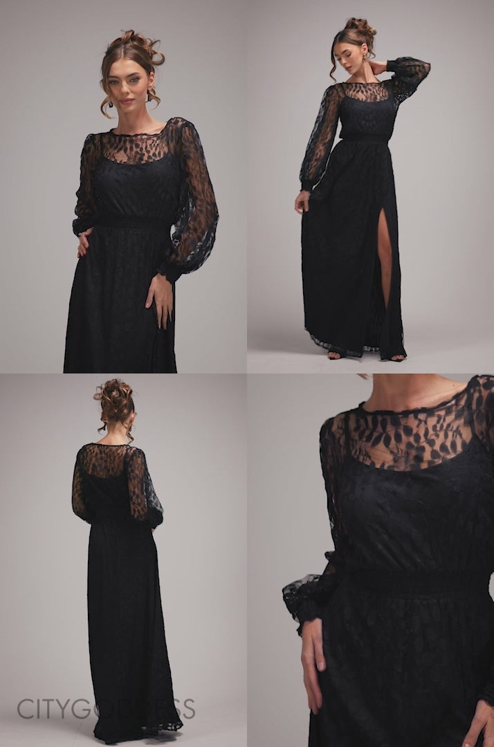 Lace Long Sleeve Shirred Waist Maxi Dress DR4805