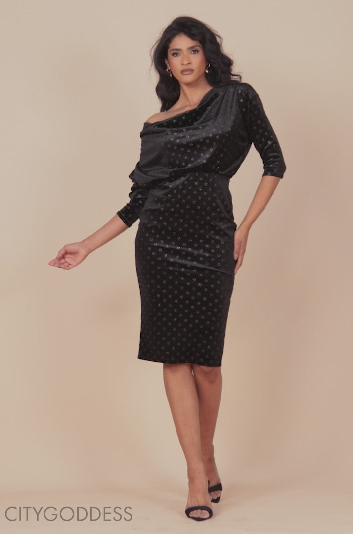 Glitter Velvet Cowl Neck Sheath Midi Dress DR4691