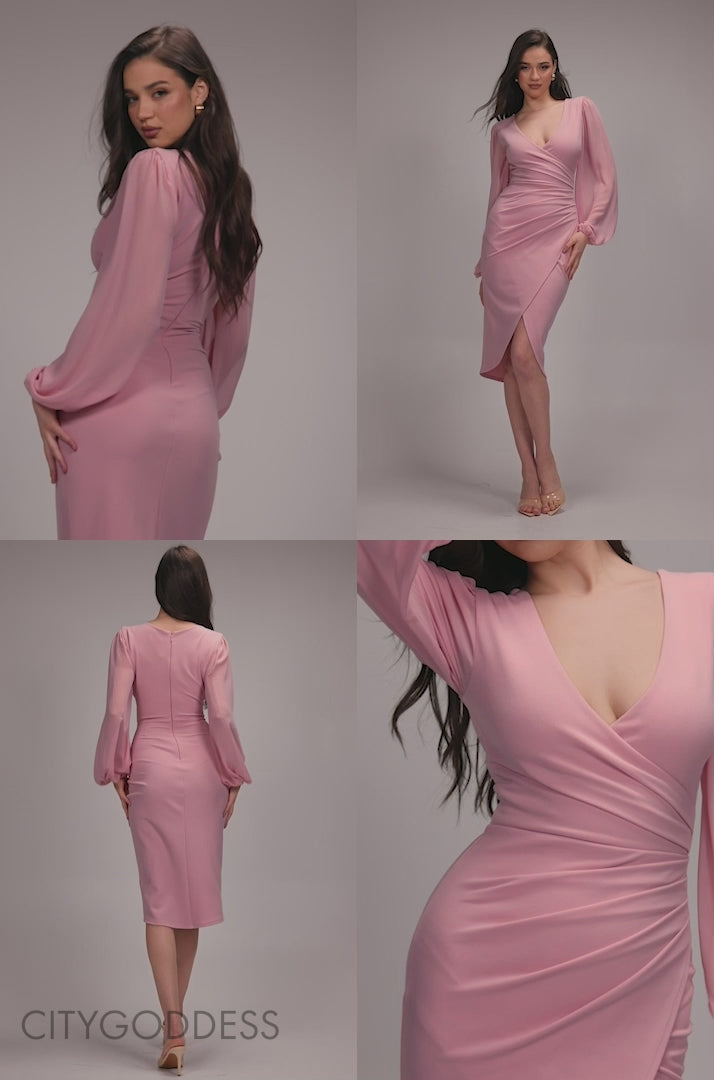 Scuba & Chiffon Balloon Sleeve Wrap Midi Dress DR4933