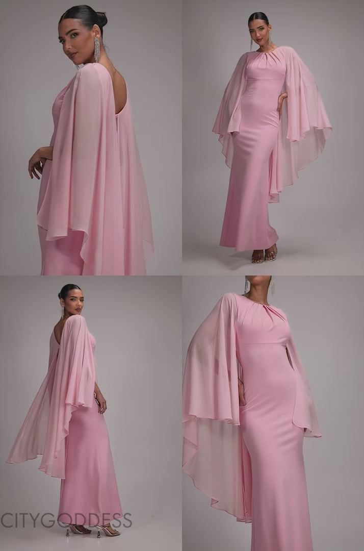 CAPE SLEEVE CHIFFON AND SCUBA CREPE MAXI DRESS BY GODDIVA - DR4900 DR4900