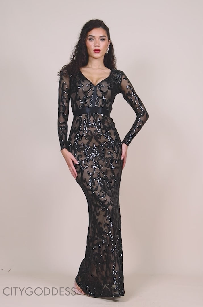 Embroidered Sequin & Mesh Maxi Dress DR2558