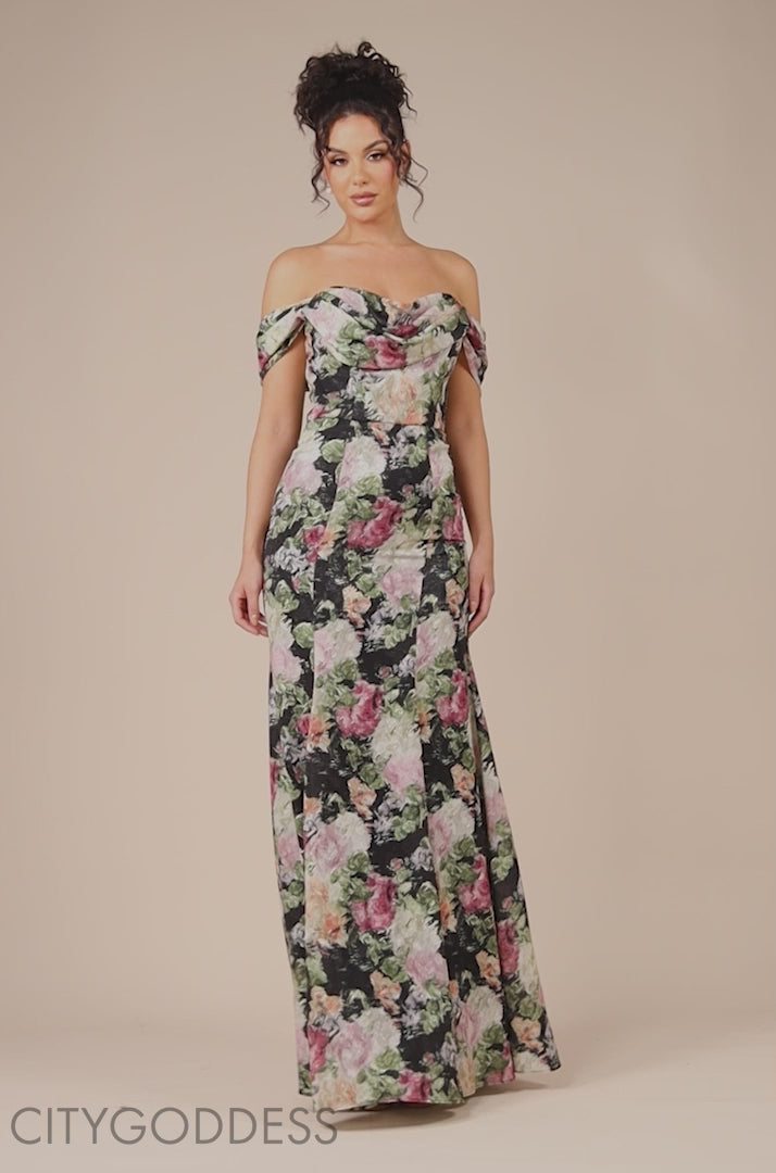 Cowl Neck Floral Print Jacquard Chiffon Maxi Dress DR4583