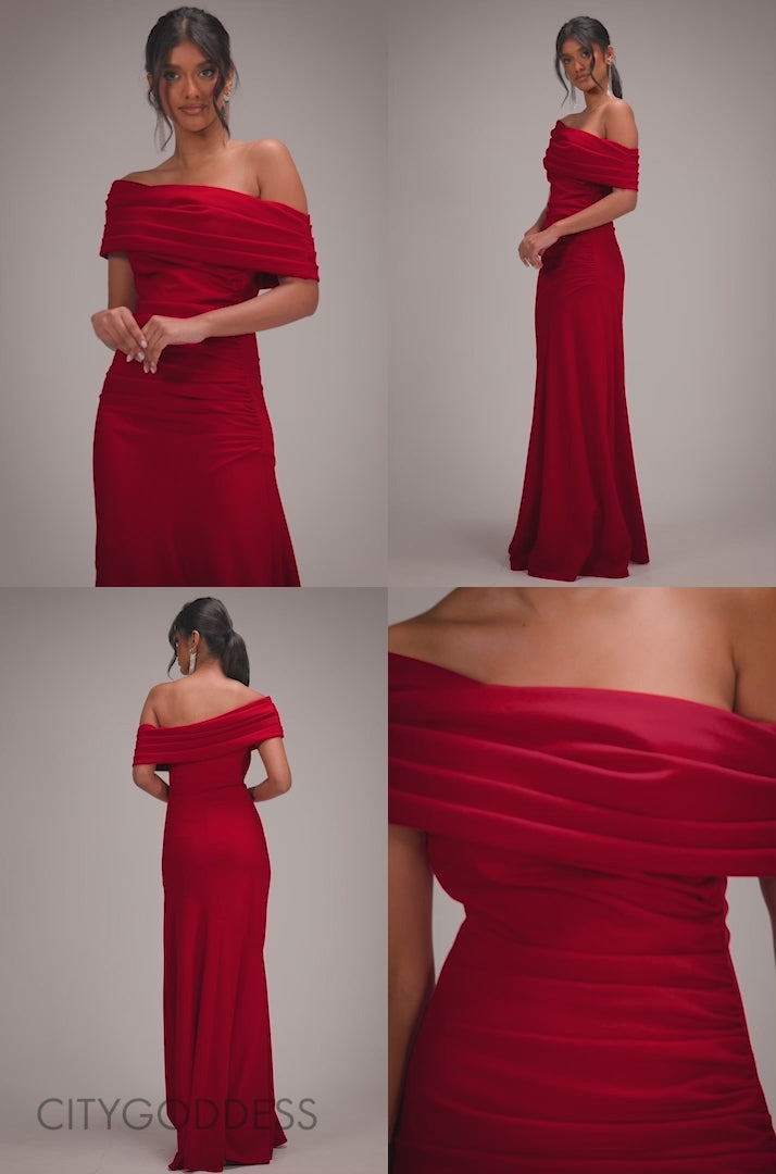 One Shoulder Pleated Bardot Fit And Flare Maxi Dress DR4909