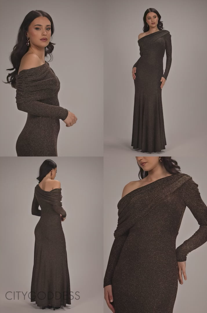 OFF SHOULDER GATHERED BARDOT ASYMMETRIC LUREX MAXI DRESS DR5288