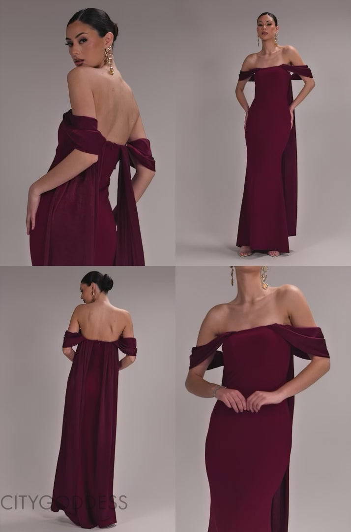 OFF SHOULDER SOFT SATIN WING CAPE MAXI DRESS DR5079