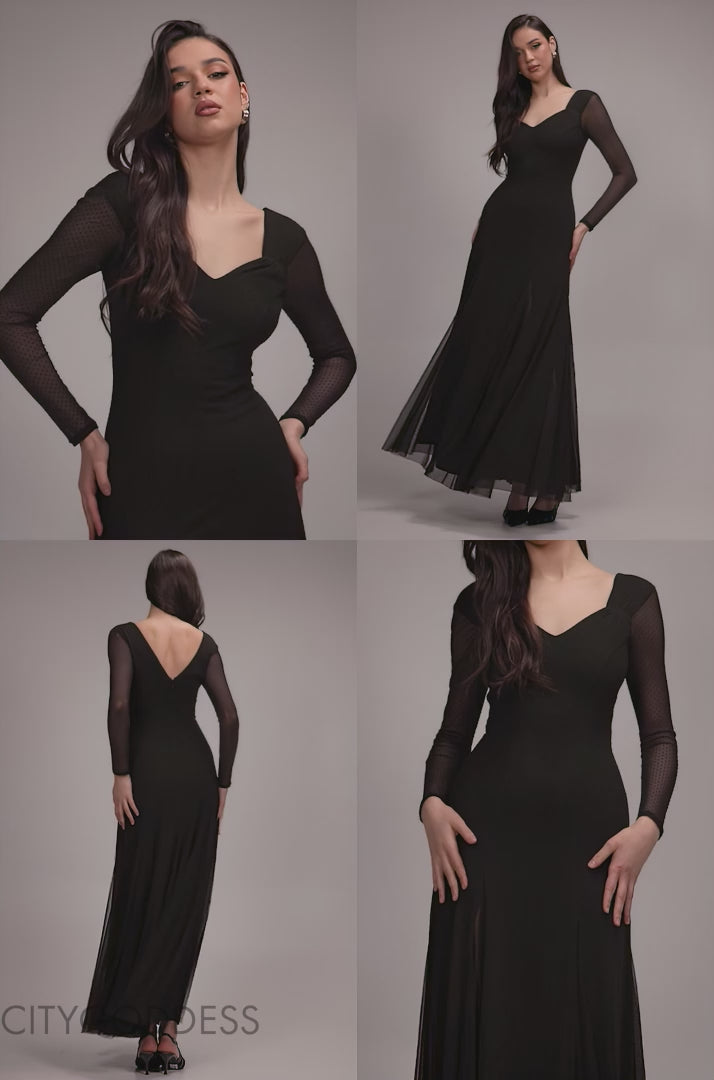 DOBBY MESH INSERT LONG SLEEVE A-LINE MAXI DRESS  BY GODDIVA DR4897