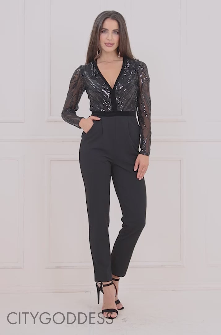 Deep V Neck Sequin Embroidered Jumpsuit TR123
