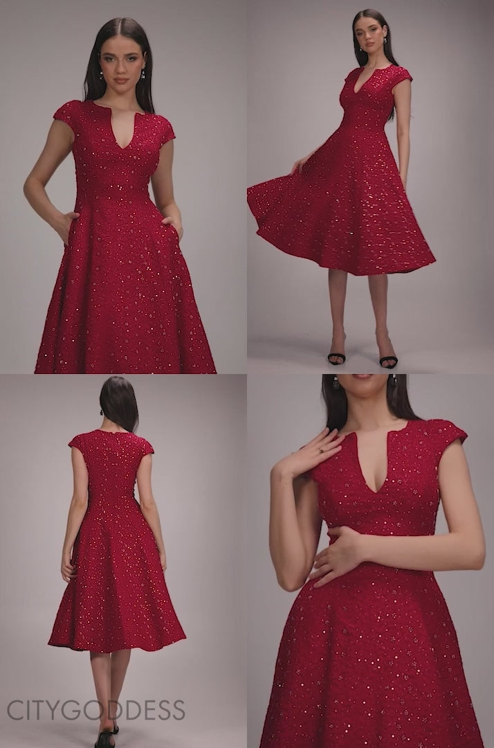 Bead Embellished Jacquard A Line Midi Dress DR4795