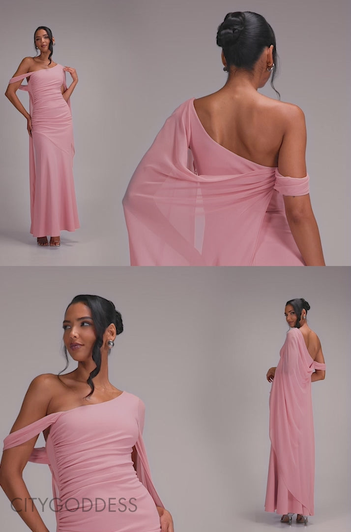 One Shoulder Cape Scuba & Chiffon Maxi Dress DR4899