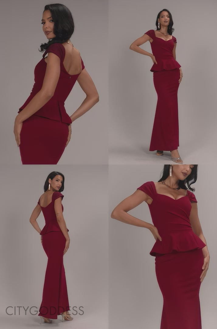 CAP SLEEVE SWEETHEART PEPLUM SCUBA MAXI DRESS DR5302