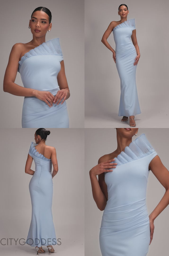 ONE SHOULDER ORGANZA FRILL PLEATED MERMAID MAXI DRESS BY GODDIVA DR4858