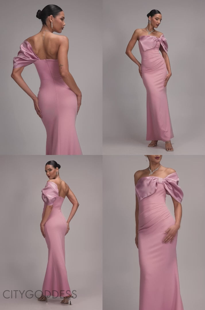 Off The Shoulder Satin Bow Neck Maxi Dress DR5073