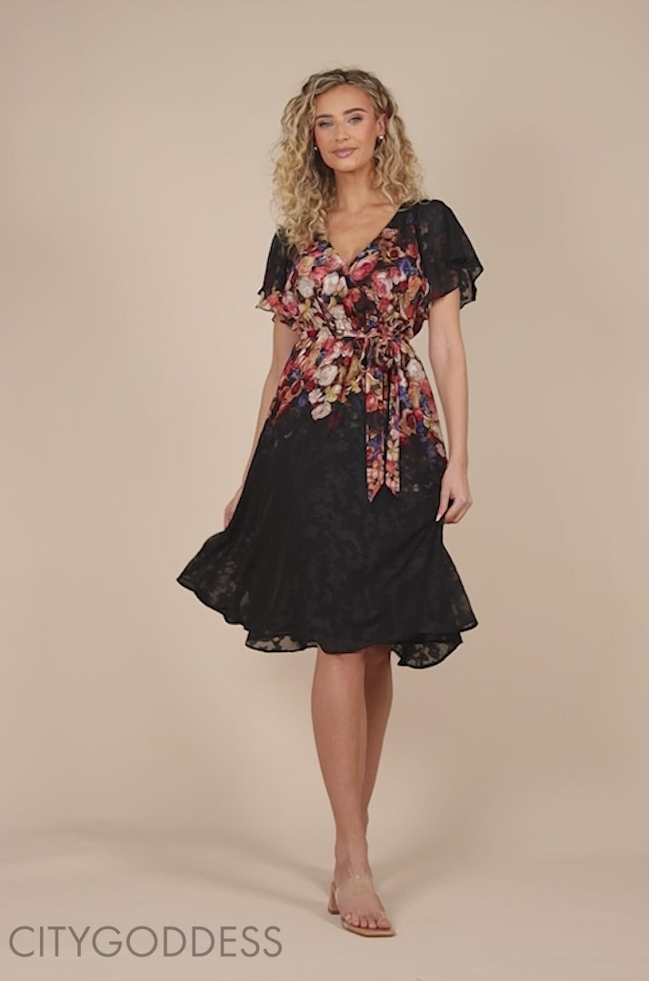 Floral Flutter Sleeve Wrap Midi Dress DR4548