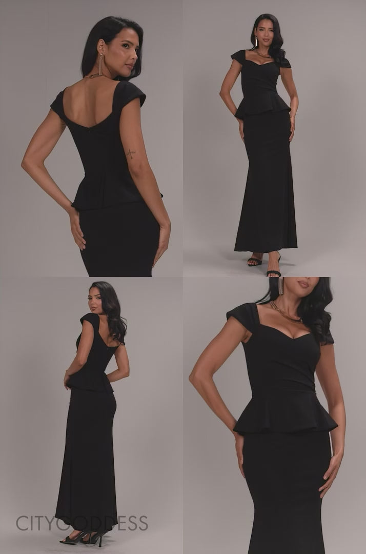 CAP SLEEVE SWEETHEART PEPLUM SCUBA MAXI DRESS DR5302