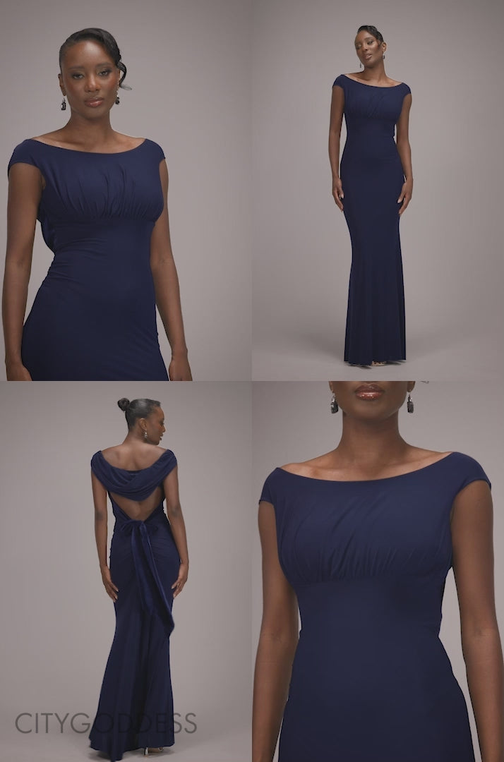 Open Back Cowl Neck Gathered Maxi Dress With Velvet Tie Back DR4856
