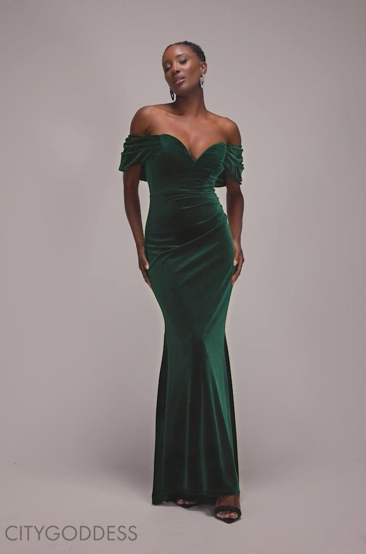 OFF THE SHOULDER DEEP PLUNGE VELVET MAXI DRESS DR4692