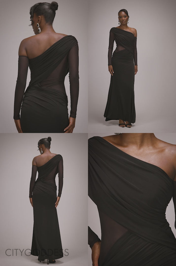 Gathered Cowl Asymmetric Mesh And Soft Touch Maxi Dress DR4800