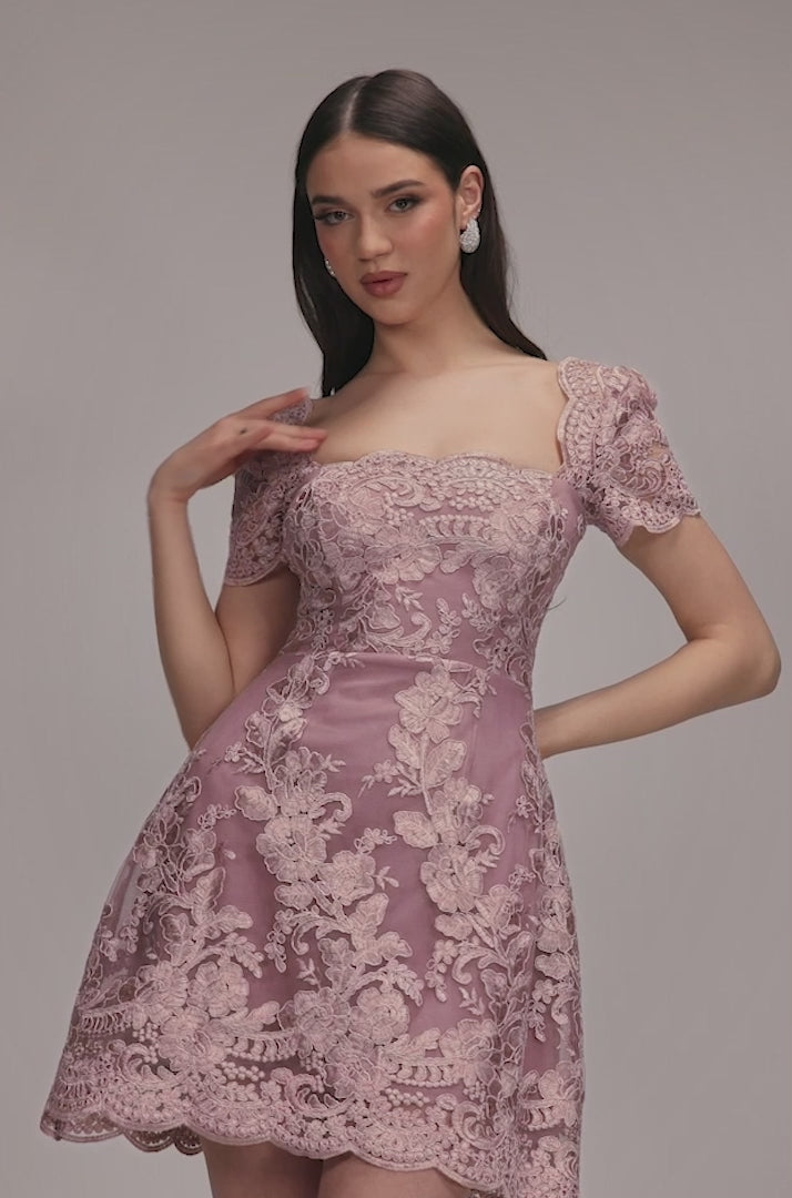 Scallop Edge Corset Back Structured Lace Mini Dress DR4966