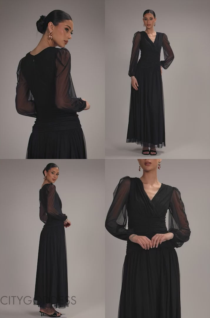 Gathered Long Balloon Sleeve A-Line Mesh Maxi Dress DR5003