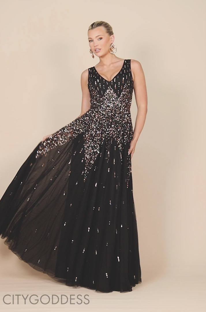 Sunray Hand Embellished Sequin A-Line Sleeveless Maxi Dress DR2882