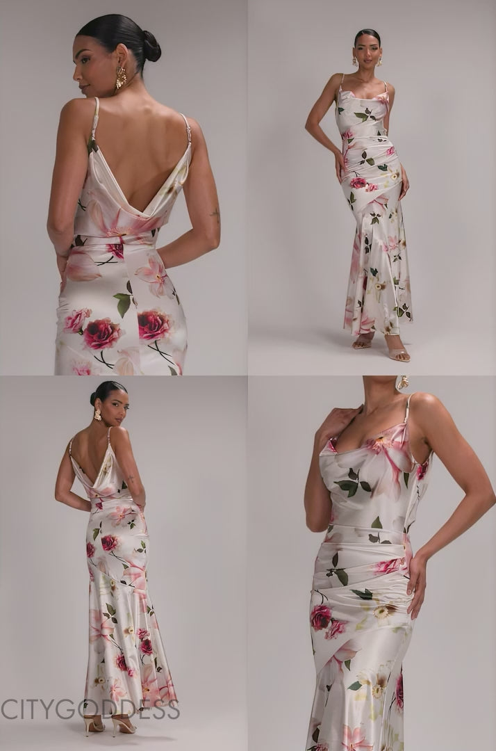 FLORAL PRINT SATIN COWL NECK MAXI DRESS DR5191