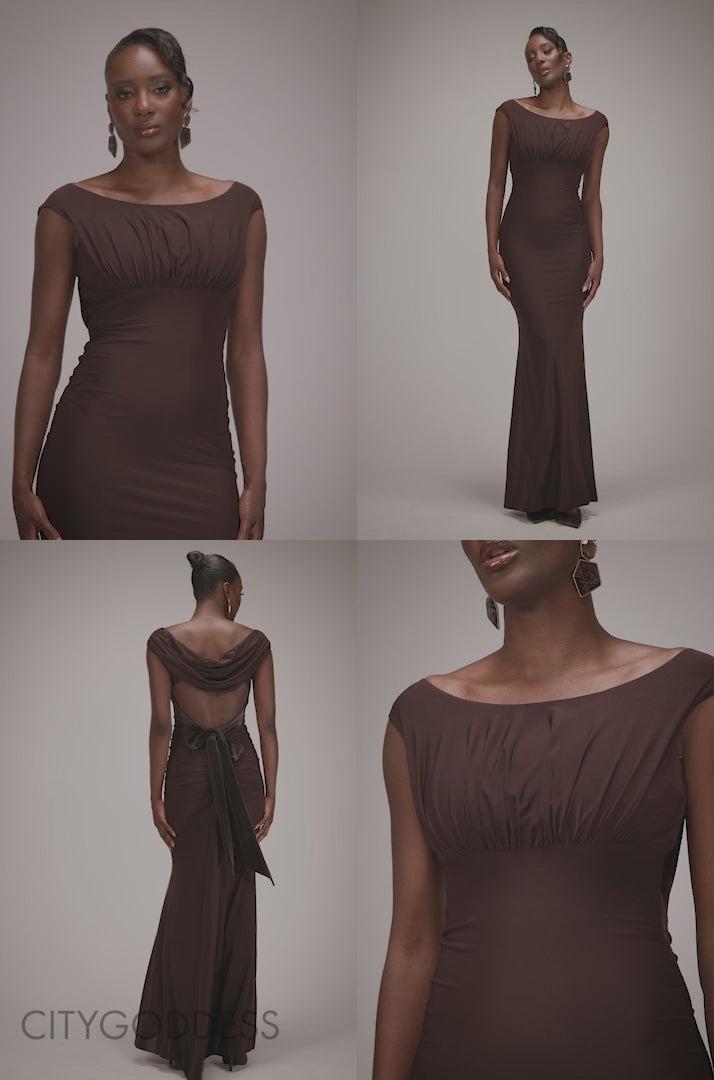 Open Back Cowl Neck Gathered Maxi Dress With Velvet Tie Back DR4856