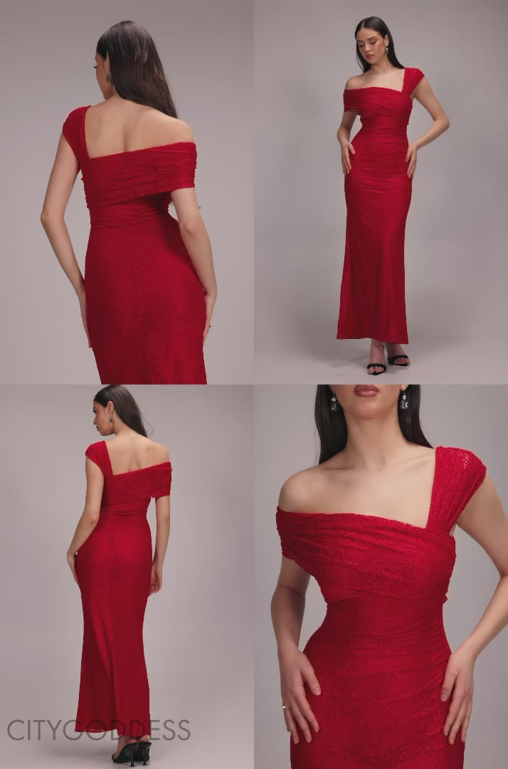 ONE SHOULDER PLEATED BARDOT LACE MAXI DRESS BY GODDIVA DR4956